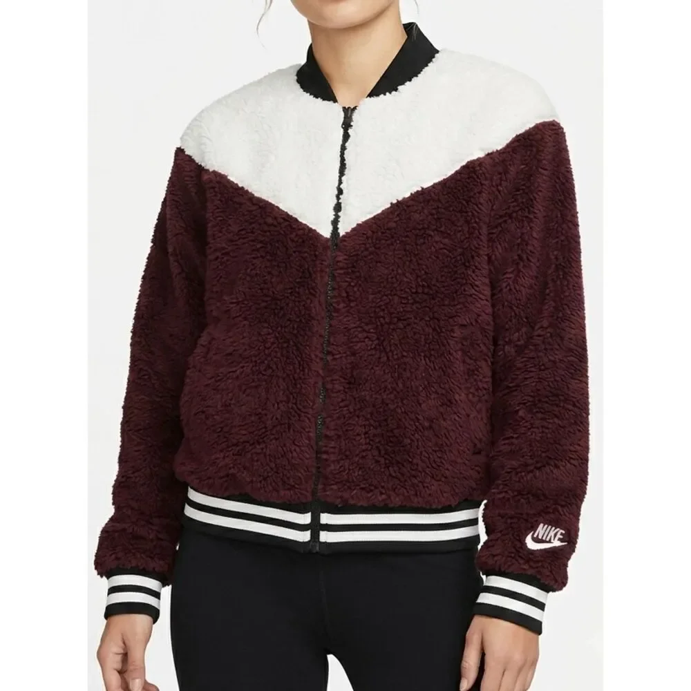 Burgundy Cream Chevron Color-Block Sherpa Cropped Full Zip Jacket Nike XS Extra